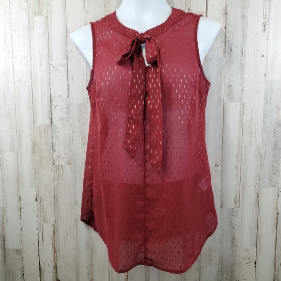5/$25 Merona Womens Top S Red Gold Sleeveless Semi Sheer Tie Neck Career U1 - Picture 2 of 6